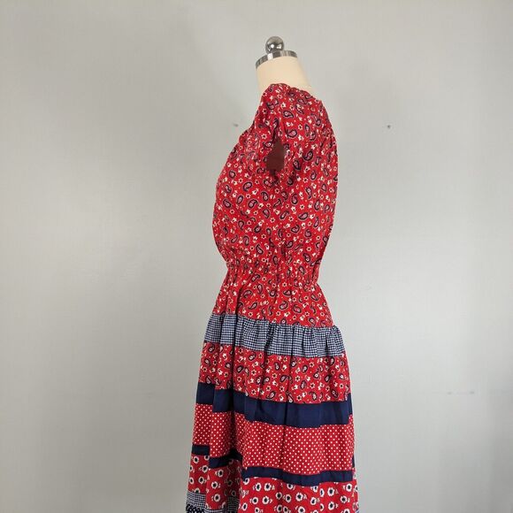 Vintage Dress Bandana Print Fit Flare Short Sleeve Patriotic July Navy Red M - Picture 6 of 11